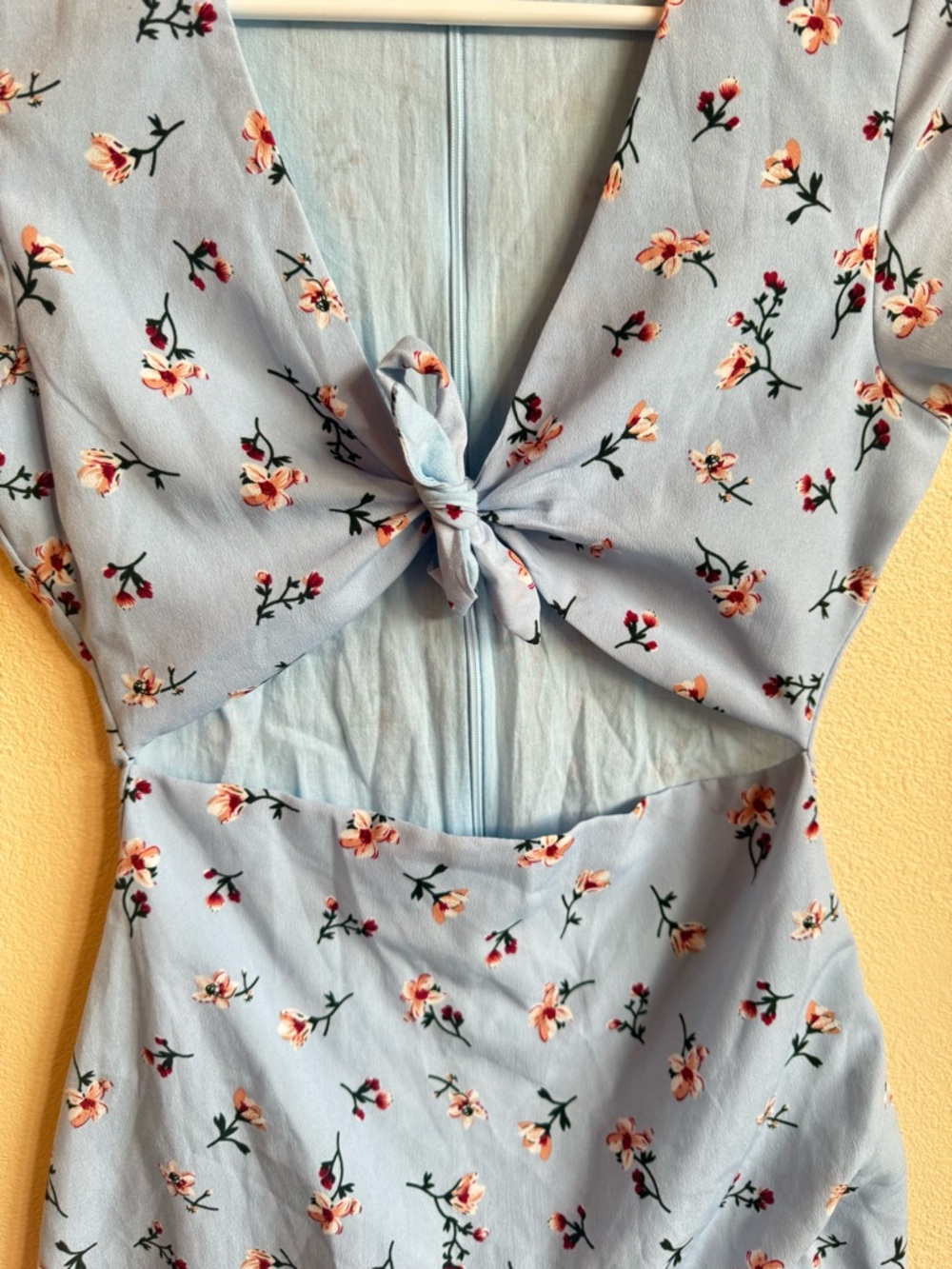 Beginning Boutique Blue Floral Tie Front Cutout Mini Dress Cottagecore Summer - Picture 7 of 14